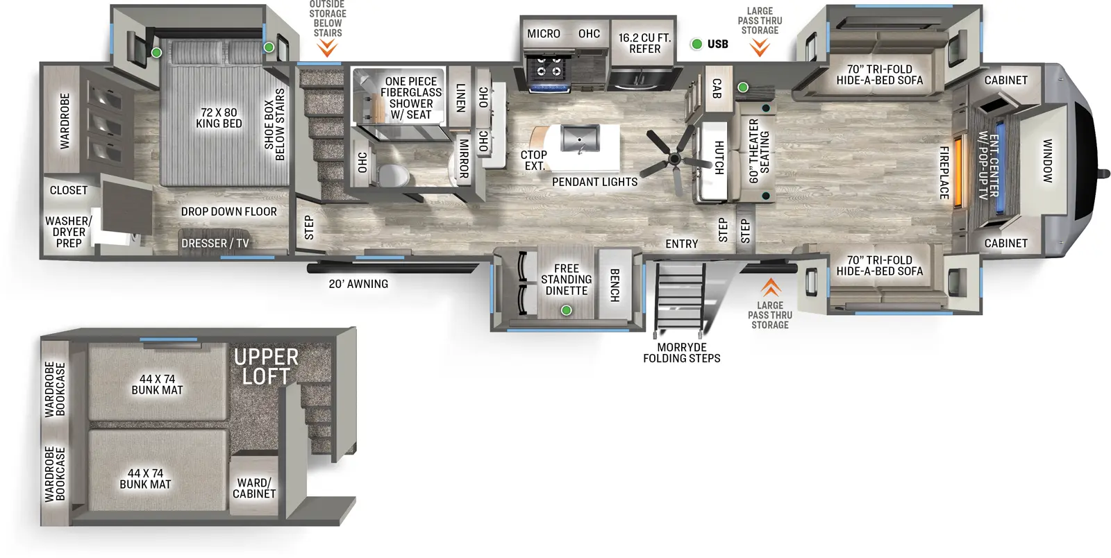 The Sierra Fifth Wheels 3990FL floorplan has one entry and five slide outs. Exterior features include: fiberglass exterior and 20' awning. Interiors features include: loft, kitchen island, free-standing dinette option, rear bedroom and front living.